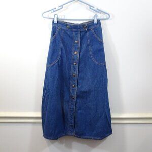 Vintage Denim Skirt Snap Front Elastic Waist Boho Western Cowgirl A-Line Full
